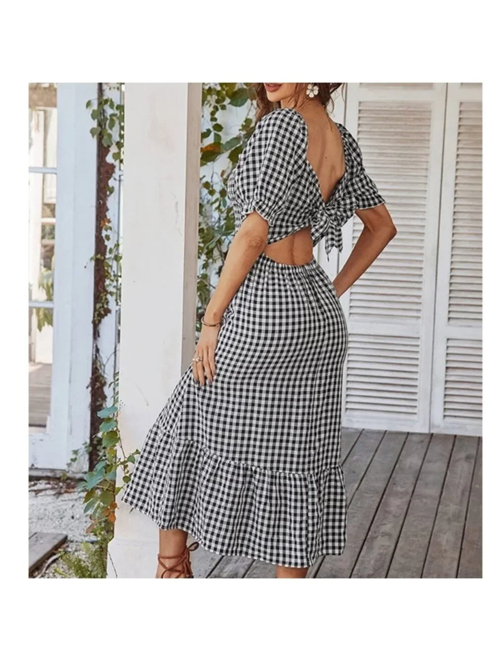 Women's Boho Tie Back Dress Beach Flowy Ruffle Midi Long